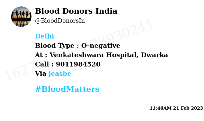 #SOS
#Delhi
Need #Blood Type :  O-negative
Blood Component : Blood
Number of Units : 2
Primary Number : 9011984520
Via: <a href="/jeasbe/">jeasbe🩸</a>
#BloodMatters