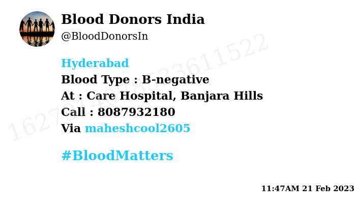 #Hyderabad
Need #Blood Type :  B-negative
Blood Component : Blood
Number of Units : 4
Primary Number : 8087932180
Patient : Keerthi Appasani
Illness : Surgery
Via: <a href="/maheshcool2605/">mahesh SRH🦅</a>
#BloodMatters