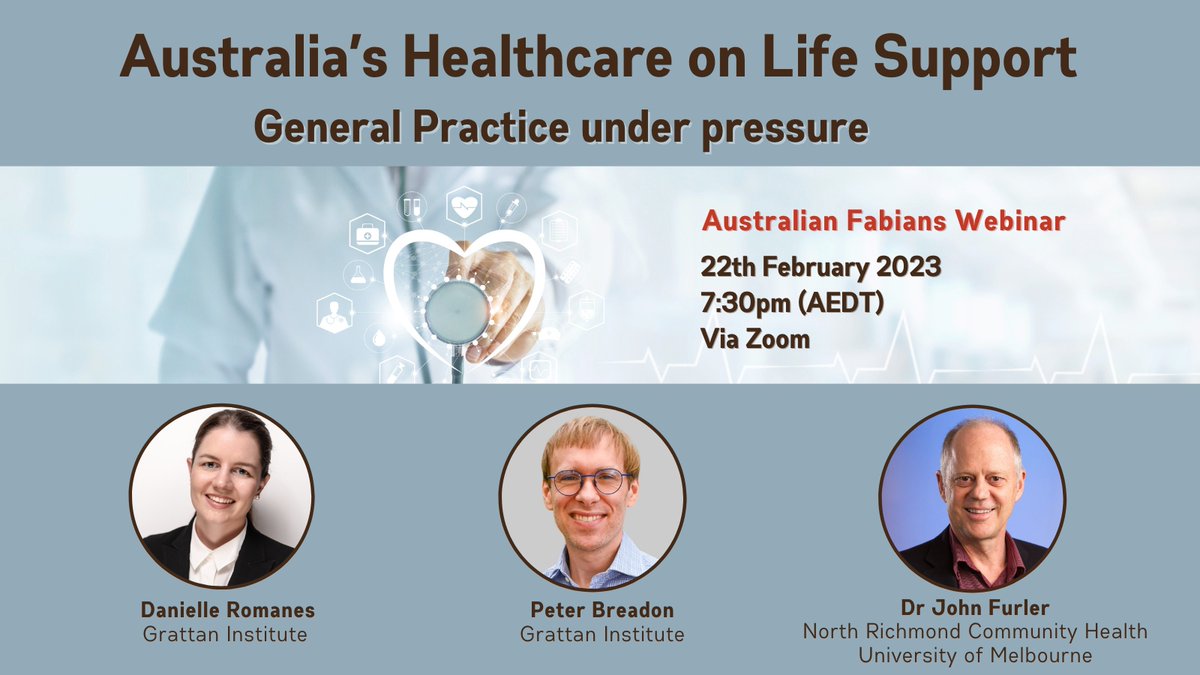 Delayed surgeries, lengthy specialist waiting lists, straining general practice, barriers to dental and allied healthcare are our new normal. 
Amazing panelists discussing Australia’s health system crisis. <a href="/GrattanInst/">Grattan Institute</a> 
Registration: fabians.org.au/australia_s_he…