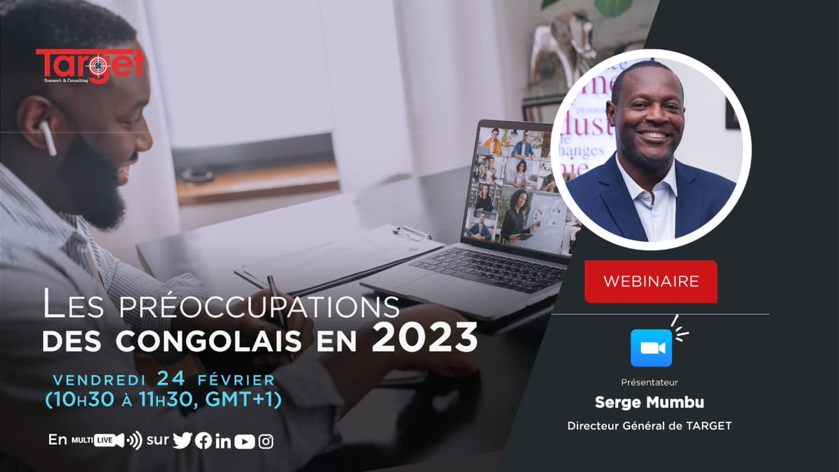 MultiLive_Event's tweet image. #Target_sarl a interrogé un échantillon de 2000 congolais sur leurs préoccupations en 2023 car c'est une année électorale .

Alors, les résultats de cette étude seront rendus publics ce 24 Février de 10h30 à 11h30.

Pour participer:

bit.ly/webinaire-targ…

#Multilive_Event