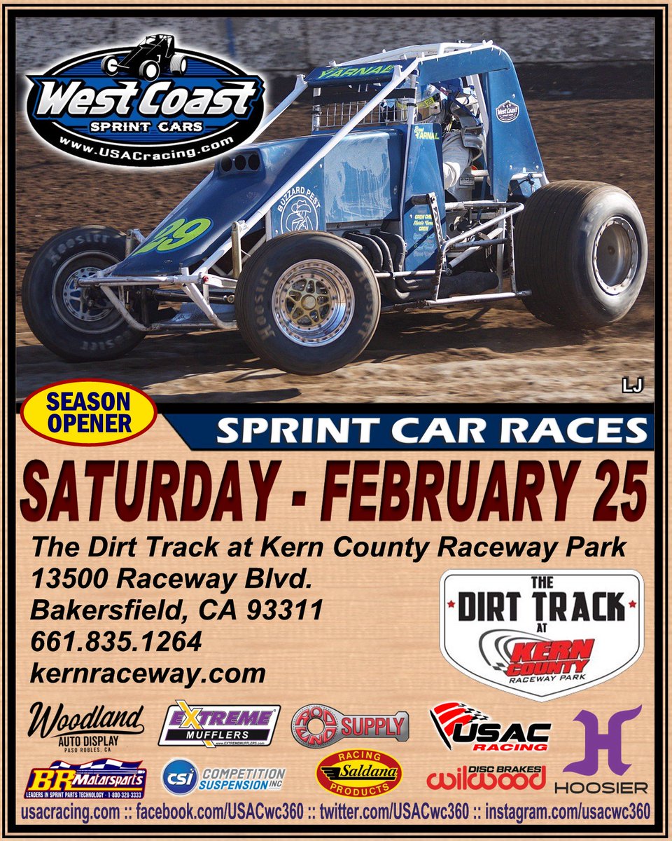 USACwc360's tweet photo. This Saturday, February 25th, the USAC West Coast Sprint Cars will open their season at The Dirt Track at Kern County Raceway Park. 

#USAC #USAC360 #usacnation #usacracing #usacwestcoast #usacwestcoastsprints #usacsprints #sprintcar #usacsprintcar #360sprintcar #sprintcars https://t.co/V7kr5fTrmT