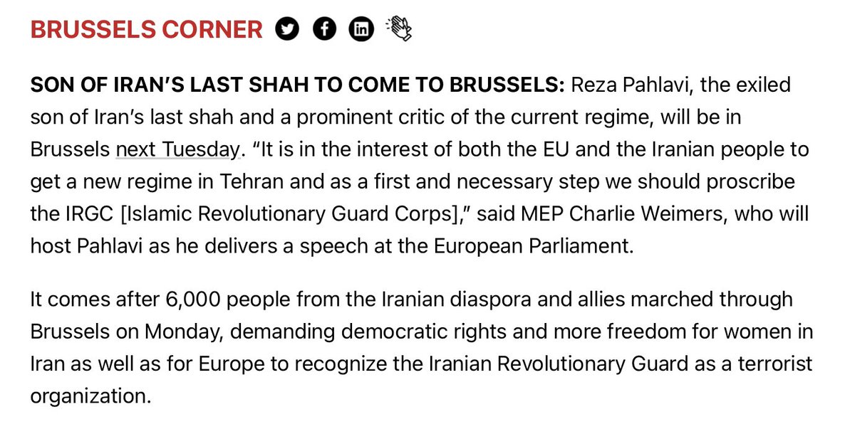 I am happy to announce that I will host Crown Prince <a href="/PahlaviReza/">Reza Pahlavi</a> in the European Parliament next week. He will deliver a speech and hold talks with select MEPs to support the struggles of the Iranian people for democracy, freedom, and human rights.

<a href="/POLITICOEurope/">POLITICOEurope</a> reports: