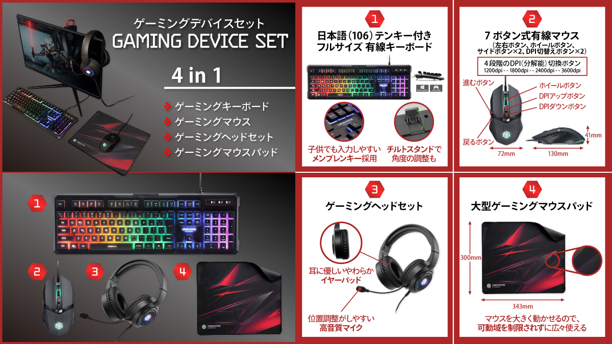 ゲーム4点セット ゲーミングデバイスセット ゲーミング キーボード