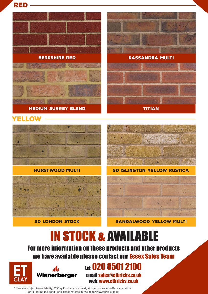 🟥 Selection of <a href="/wienerbergeruk/">wienerberger UK</a>  bricks  

🧱 In Stock &amp; Available 

For more information about these products and other products we have available please call your relevant sales office 

Essex Sales Team 
📞020 8501 2100 

West Midlands Sales Team 
📞 0121 351 5991 

#bricks