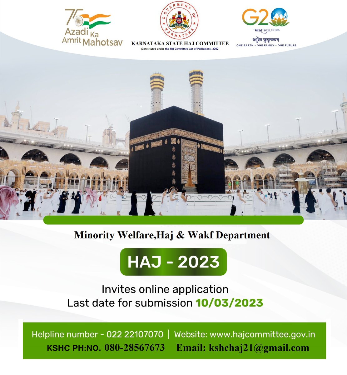 Haj Committee of India invites online applications for Haj 2023 from 10th February 2023. The last date for submission of online applications along with documents is 10th March 2023.
hajcommittee.gov.in

<a href="/RaghavendraT198/">Raghavendra T</a> <a href="/sabeer_mulla1/">Dr. Sabeer Mulla</a>