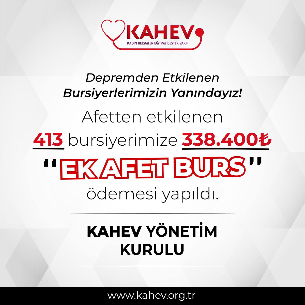 Depremden etkilenen bursiyerlerimizin yanındayız! 

Bu ay depremzede bursiyerlerimize bir burs ek olarak yolladık. Afetten etkilenen 413 bursiyerimize 338.400₺ ''EK AFET BURS'' ödemesi yapıldı.

KAHEV YÖNETİM KURULU

#kahev #ekafetbursu #kadınhekimlereğitimedestekvakfı #deprem