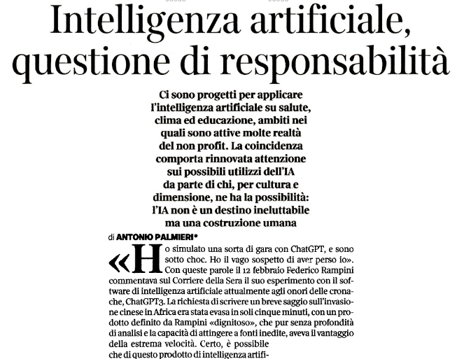 📲 Le nuove frontiere dell'#innovazione 

🗞️ '#IntelligenzaArtificiale questione di responsabilità' @antoniopalmieri su @CorriereBN 

#ChatGPT @massimochi @simonintermite @Decollanz @FeliciaPelagall @ferrazziandrea @aldoceccarelli @UgoBaroni @perugini