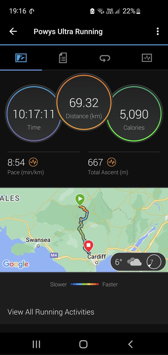 Brecon to Cardiff ultra marathon completed 🏅44miles in 10 hrs,forgot to turn Garmin off at the finish so extra few minutes recorded 🤣Chip time 10hr 50m due to all the time spent scoffing food at checkpoints 🍟🥪🌭 Quite pleased with our efforts 😉 and still smiling at the end🏃‍♀️