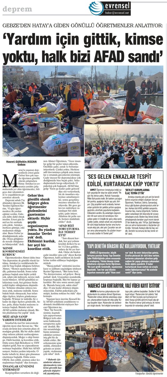 HsrtGltknKzn's tweet photo. Gebze’den gönüllü olarak #Deprem bölgesine giden öğretmenler gözlemlerini gazetemize aktardı: Hiçbir şeyde organizasyon yoktu. Bu yüzden insanlar ‘#DevletYok’ dedi. Ekibimizi kurduk her şeyi biz koordine ettik.
👇🏼
https://t.co/OeenF3rEgz https://t.co/GGQhrGlffP
