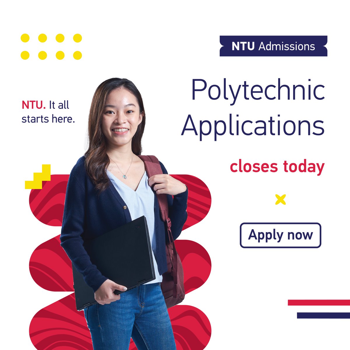 Application for #admissions to Academic Year 2023-24 for Polytechnic Diploma students closes today. Don’t miss the deadline! Visit our website at 🔗 ntu.edu.sg/admissions/und… to apply now.