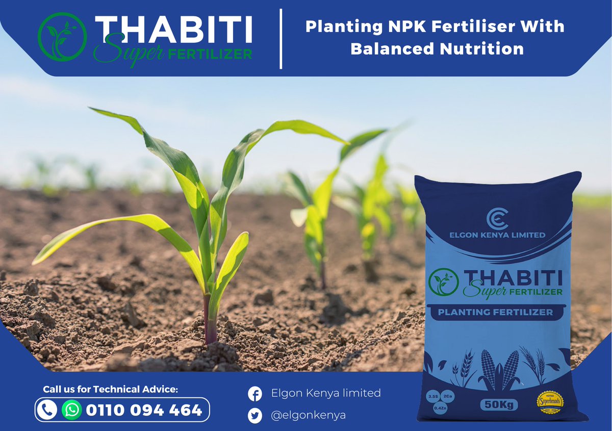 ElgonKenyaLtd's tweet photo. 2/2
To place an order today, simply call us at 0110 094 464 and experience the difference that Thabiti Super can make for your crops.
#ThabitiSuper #CropNutrition #FertilizerBoost #MaximumYield #PlantHealth #NPKFertilizer #GrowthPromotion #FlexibleApplication #OrderNow https://t.co/cR5K5bblt9