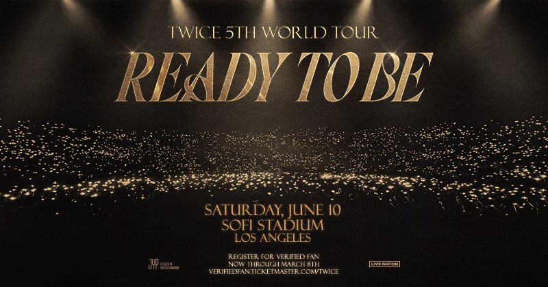 SoFiStadium's tweet image. 📣 @JYPETWICE 5TH WORLD TOUR ‘READY TO BE’
June 10 at #SoFiStadium

ONCE, don’t think TWICE and register NOW for access to the Verified Fan Onsale! 🦋 verifiedfan.ticketmaster.com/TWICE 🦋 NOW thru Wed., March 8 at 7PM PT / 9PM CT / 10PM ET.
