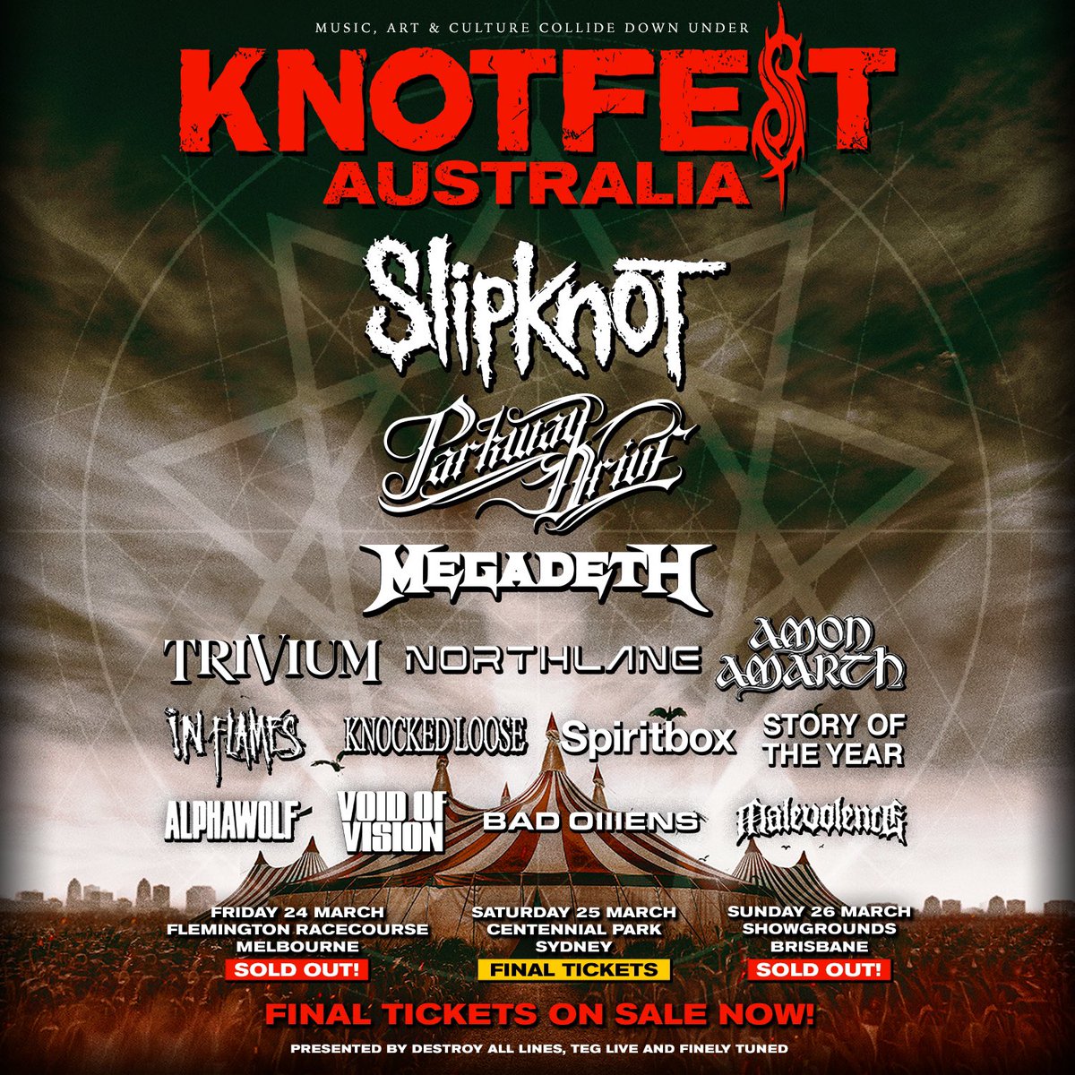 KNOTFEST Australia: Melbourne & Brisbane are now sold out. Get the final tickets for Sydney on 25 March at knotfest.com/australia
