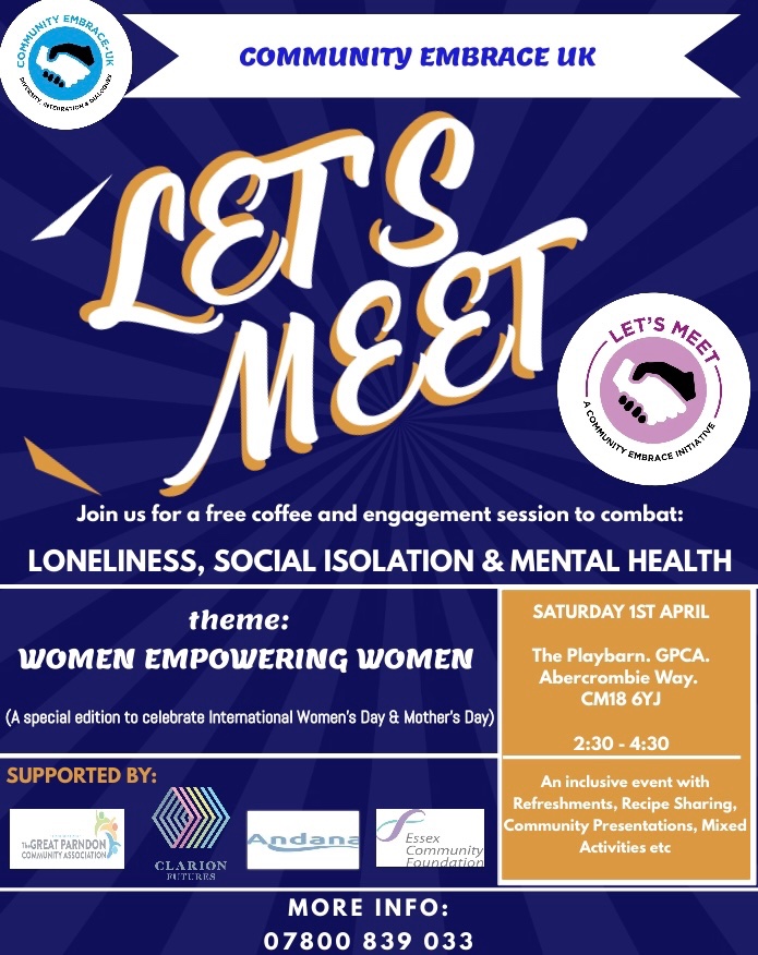Community Embrace UK (@comembrace) on Twitter photo We are celebrating our wonderful women to learn more about their inspiring stories, weaknesses and how they challenge the odds
Its free for all, join us for coffee while making new connections
Immense gratitude to <a href="/ClarionFutures/">Clarion Futures</a> <a href="/Essex_CF/">Essex Community Foundation</a> <a href="/TheGPCA/">The GPCA</a> <a href="/AndanaFoods/">Andana Foods</a> for the support We are celebrating our wonderful women to learn more about their inspiring stories, weaknesses and how they challenge the odds
Its free for all, join us for coffee while making new connections
Immense gratitude to <a href="/ClarionFutures/">Clarion Futures</a> <a href="/Essex_CF/">Essex Community Foundation</a> <a href="/TheGPCA/">The GPCA</a> <a href="/AndanaFoods/">Andana Foods</a> for the support