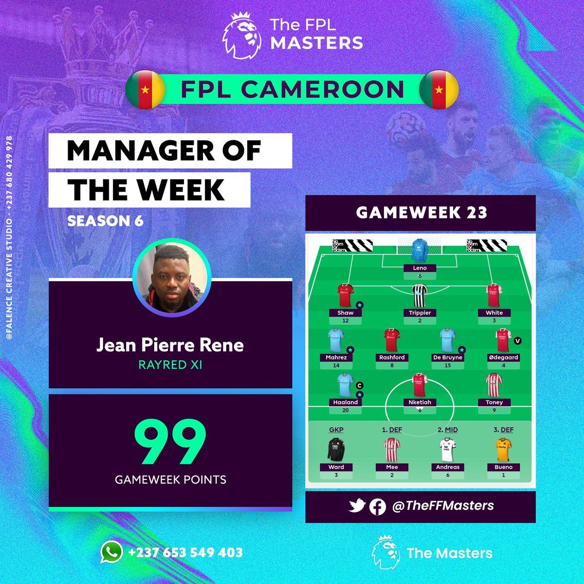 TheFFMasters's tweet photo. Manager of The Week - MOTW 🏆
Season 6

Congratulations to Jean Pierre, manager of "RayRed XI" for winning our Manager of the Week (MOTW) award for Gameweek, GW23 with 99 points.

Congratulations once more!
#TheFFMasters
#FPLCommunity https://t.co/Wva77C8SYz
