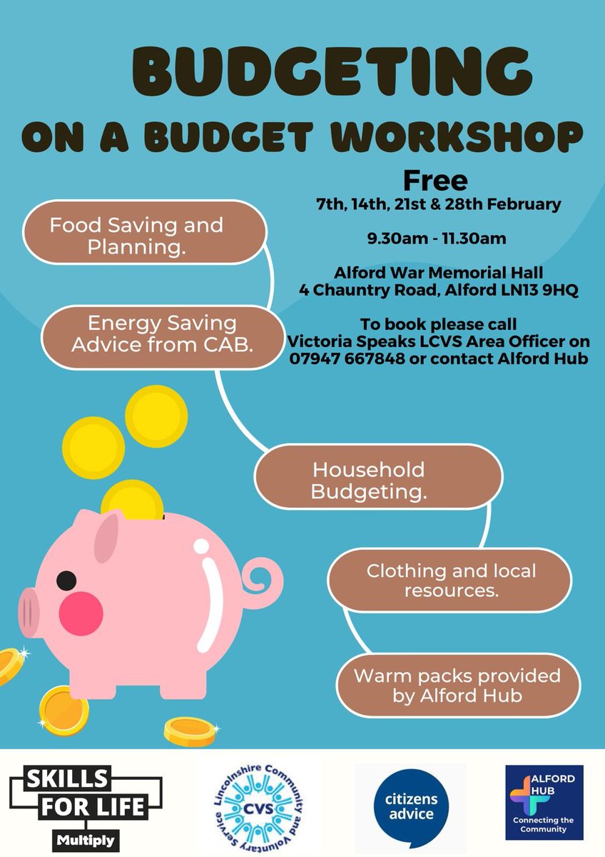 WellbeingLincs's tweet image. 💷 Do you need help with budgeting? 

👍 Book your place on a budgeting workshop in Alford, running throughout February. 

📞 Contact Victoria Speaks on: 07947 667 848 or click on the poster below 👇 for more information.

#wellbeinglincs #budgetinghelp