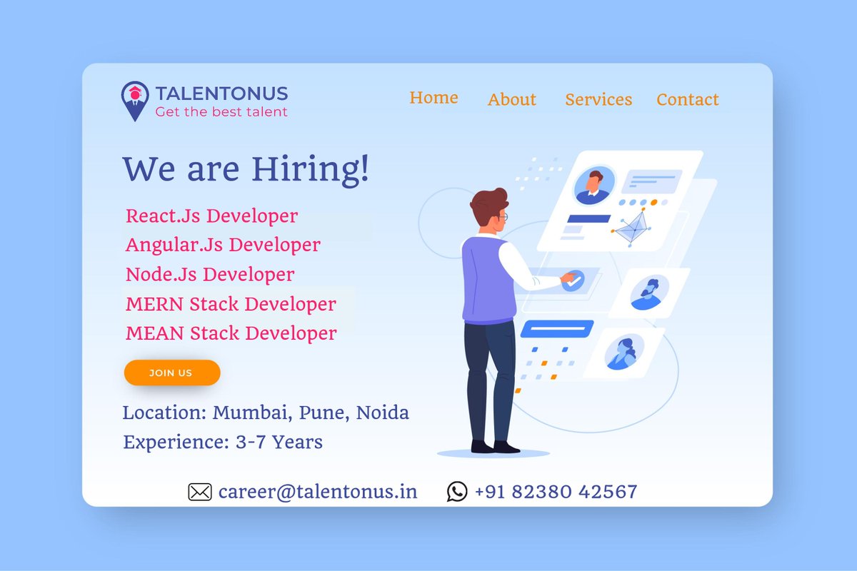 We are hiring for the following position for an MNC company. Candidates who are looking for a job change can send their resumes.

#reactjsdeveloper #angularjs #nodejsdevelopers #meanstackdeveloper #mernstackdeveloper #mumbaijobs #punejobs #noidajobs #hiring #jobsearch #job