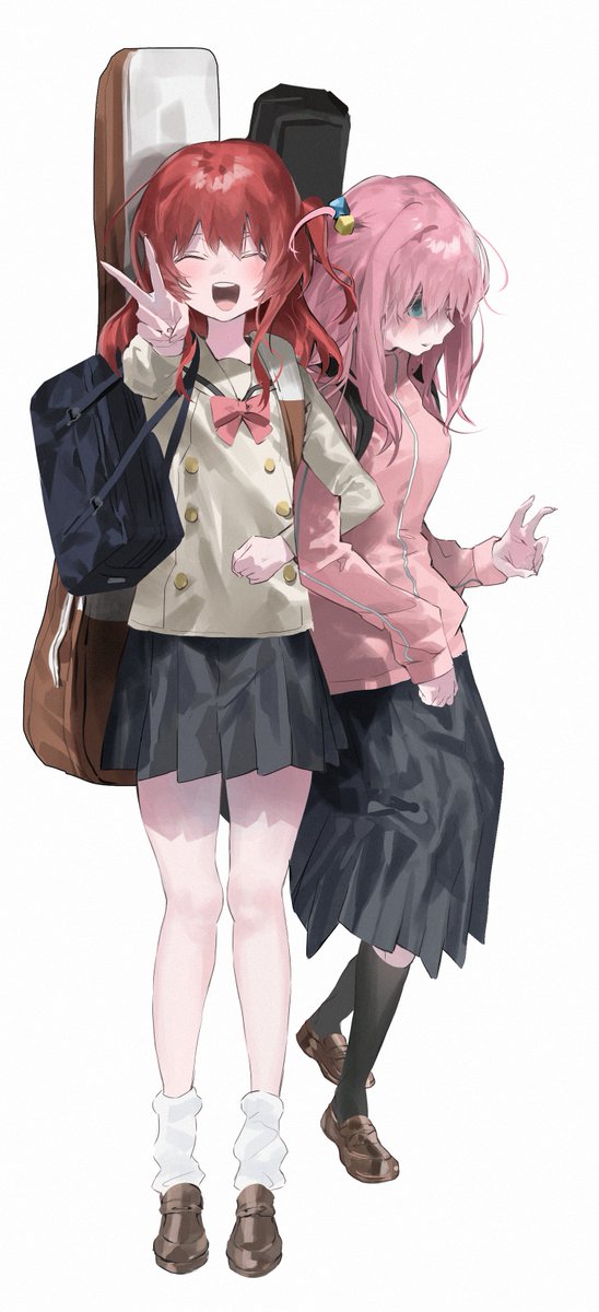 gotou hitori instrument case multiple girls 2girls skirt pink jacket pink hair cube hair ornament  illustration images