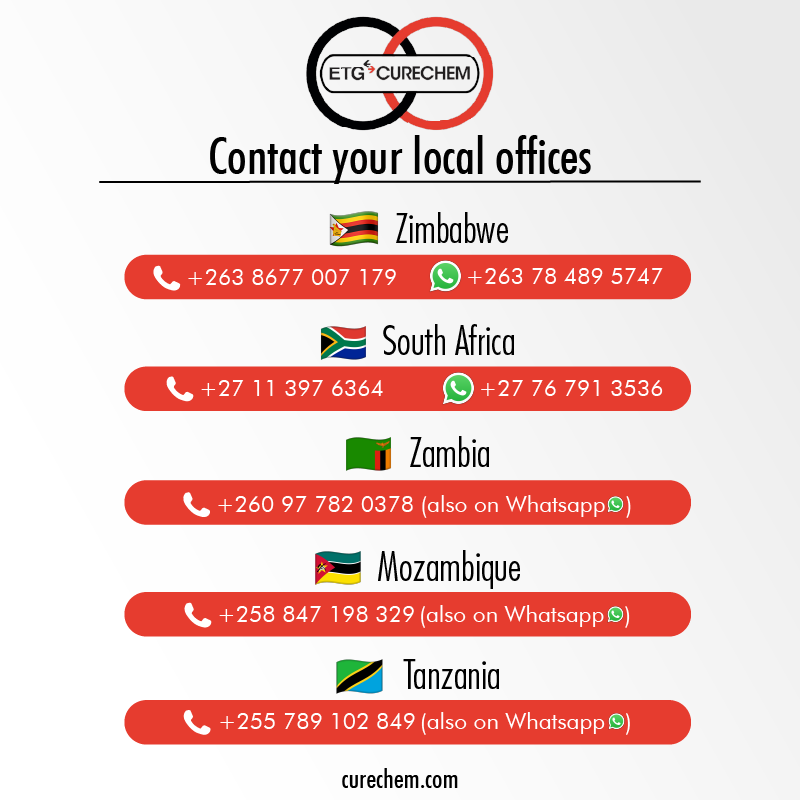 ETG-Curechem has got branches across Africa ensuring your business can access the best quality chemicals when you need them. 

Find out more about what we can get for you on our website: curechem.com or scroll for your country’s contact details.

#BiggerBetterStronger