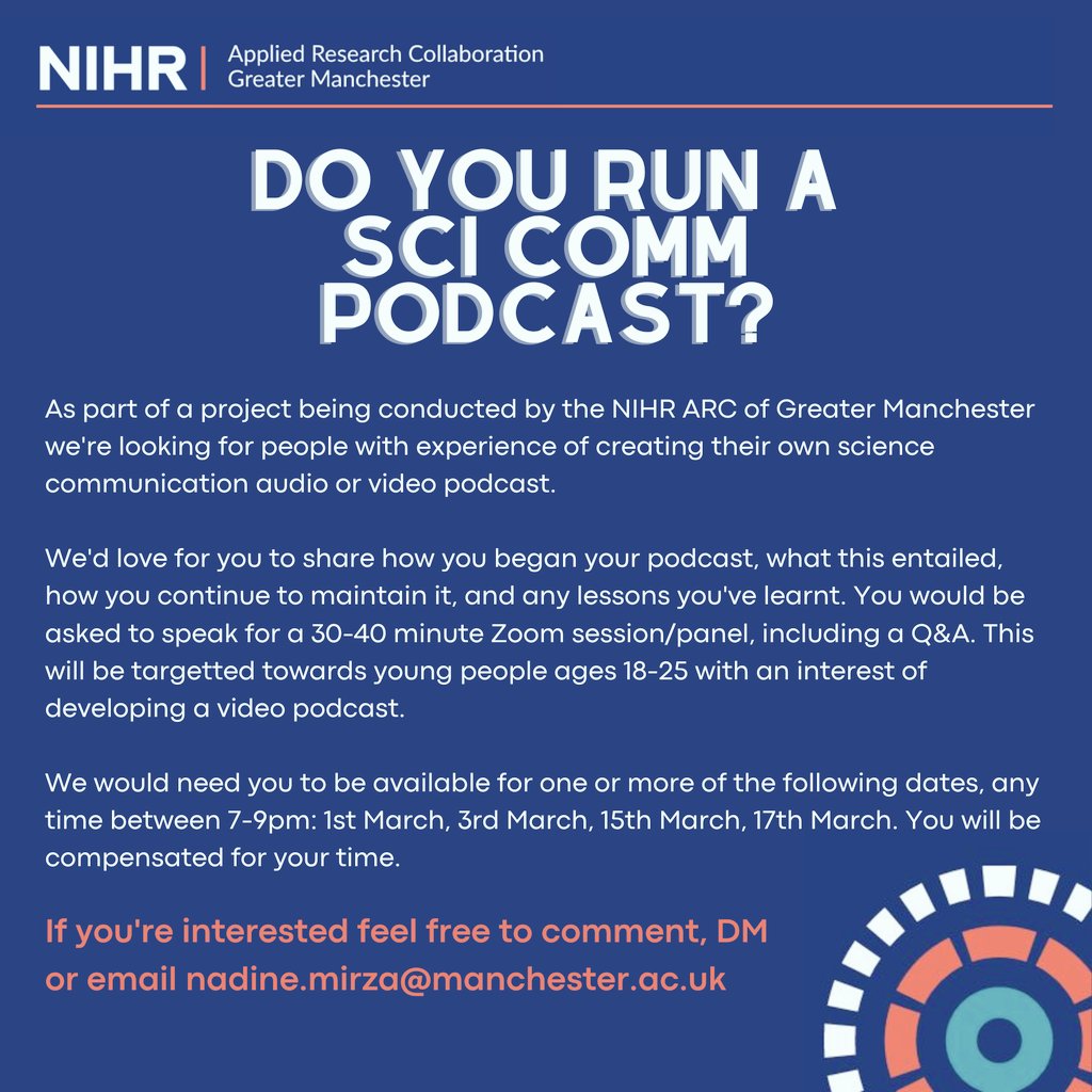 Nadine Mirza (@thealmostpsych) on Twitter photo 2023-02-21 07:09:21 Do you run a #scicomm audio or video podcast? ๐ง๐ค๐น
As part of an @ARC_GM_ project we could use your help! Info in the image โฌ๏ธ Please comment/DM to get in touch or circulate to anyone interested!
#AcademicChatter #research #ecrlife #ecrchat #podcast #sciencecommunication Do you run a #scicomm audio or video podcast? ๐ง๐ค๐น
As part of an @ARC_GM_ project we could use your help! Info in the image โฌ๏ธ Please comment/DM to get in touch or circulate to anyone interested!
#AcademicChatter #research #ecrlife #ecrchat #podcast #sciencecommunication