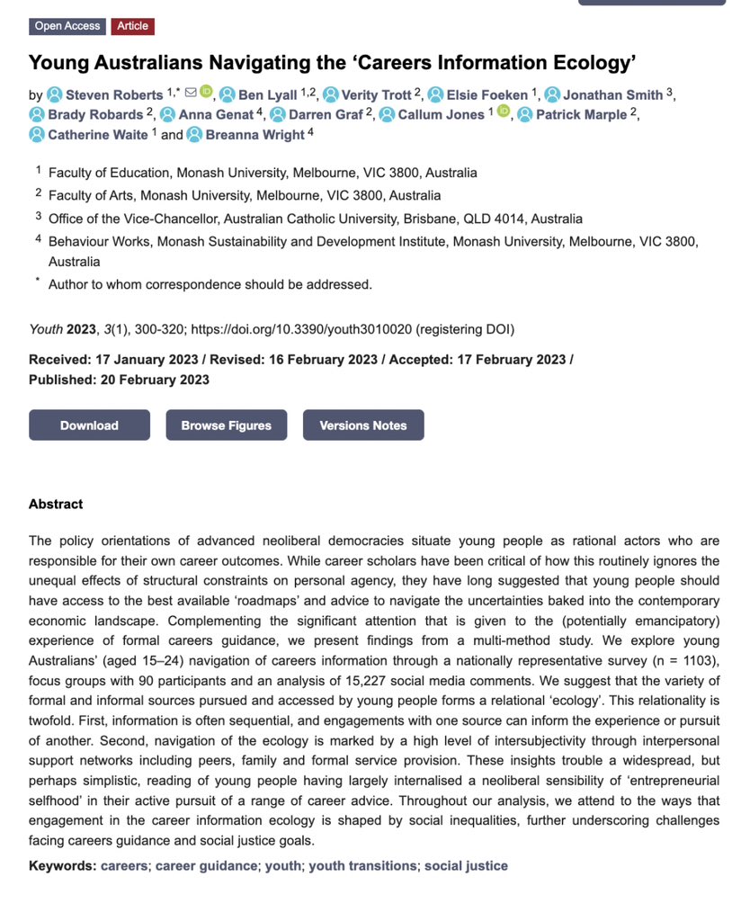 Published! In this bigger than average paper, a big team of us used mixed methods to explore young Australians navigation of a full range of career guidance information, paying attention to issues of social inequalities & the limits of agency #OpenAccess mdpi.com/2673-995X/3/1/…