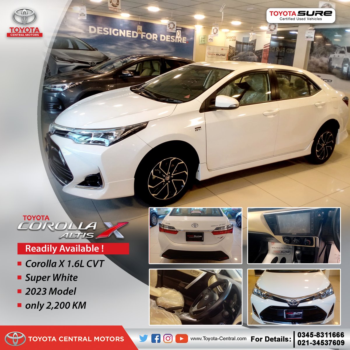 ToyotaCentralM2's tweet image. Toyota Central Motors is offering the Readily Available Corolla X Altis 1.6L CVT 2023 Model with the mileage of only 2,200km. Condition is just like brand new!
For price &amp;amp; details, call us at 021-34537609 &amp;amp; 0345-8311666
 #toyotacentralmotors #readilyavailable #Tsure