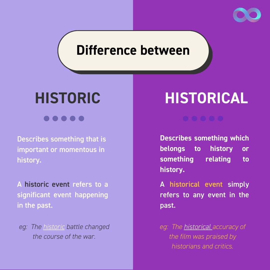 loop_english's tweet photo. "Historic" and "Historical" may seem similar, but they hold distinct meanings. Let's dig into how they work. 😎
#english #englishlanguage #englisherrors #englishgrammar #englishrules #learnenglish #misunderstandings #englishonline #englishonlinelearning #ielts #toeic #toelf https://t.co/y5zWzOJsoQ