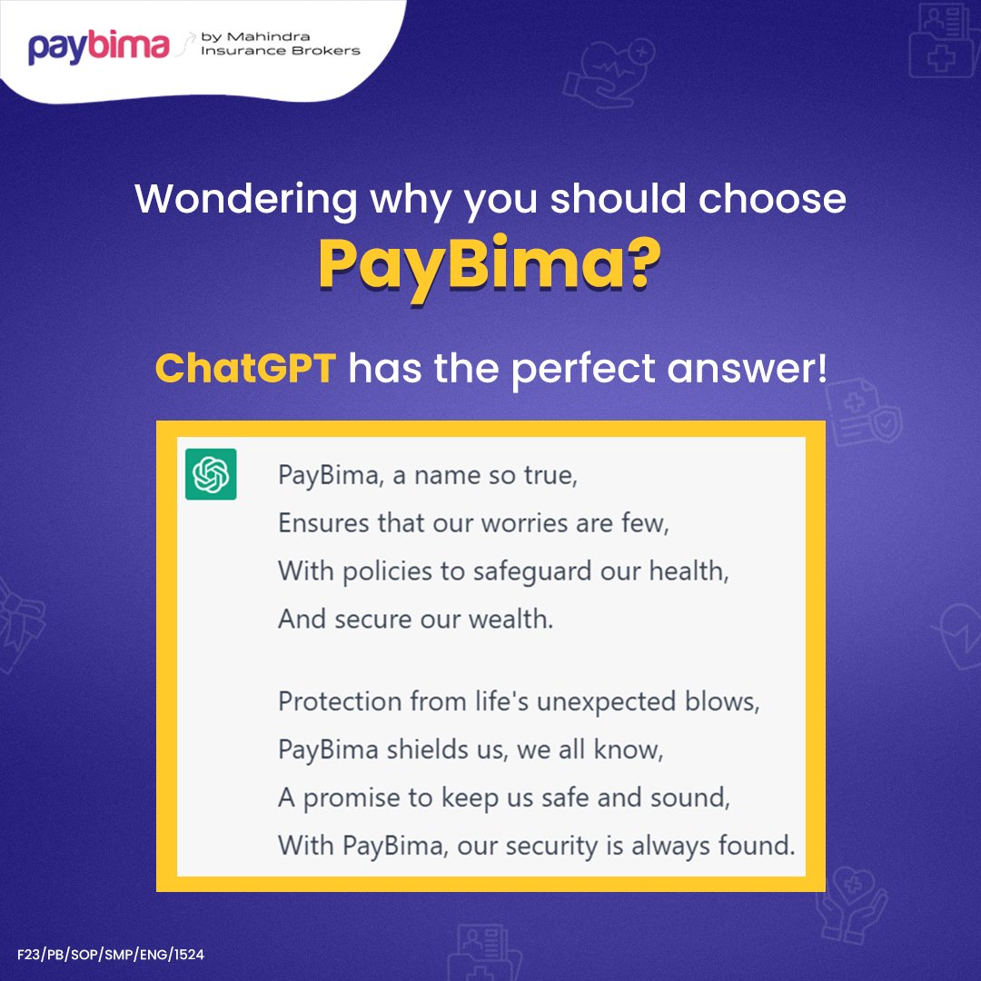 paybimaofficial's tweet photo. Find someone who writes poems the way ChatGPT writes poems for us ❤️
#PayBima #ChatGPT #AI #ArtificialIntelligence #Insurance #InsurancePolicy #InsuranceAwareness #InsuranceLife #InsuranceBenefits #MahindraInsurance https://t.co/mFXpORsFNo