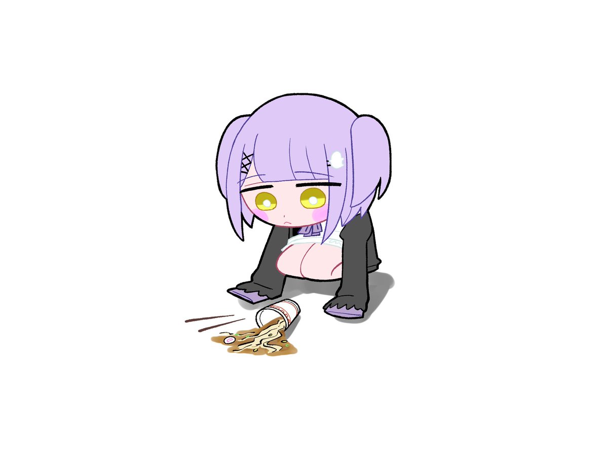 1girl solo purple hair chibi white background squatting yellow eyes  illustration images