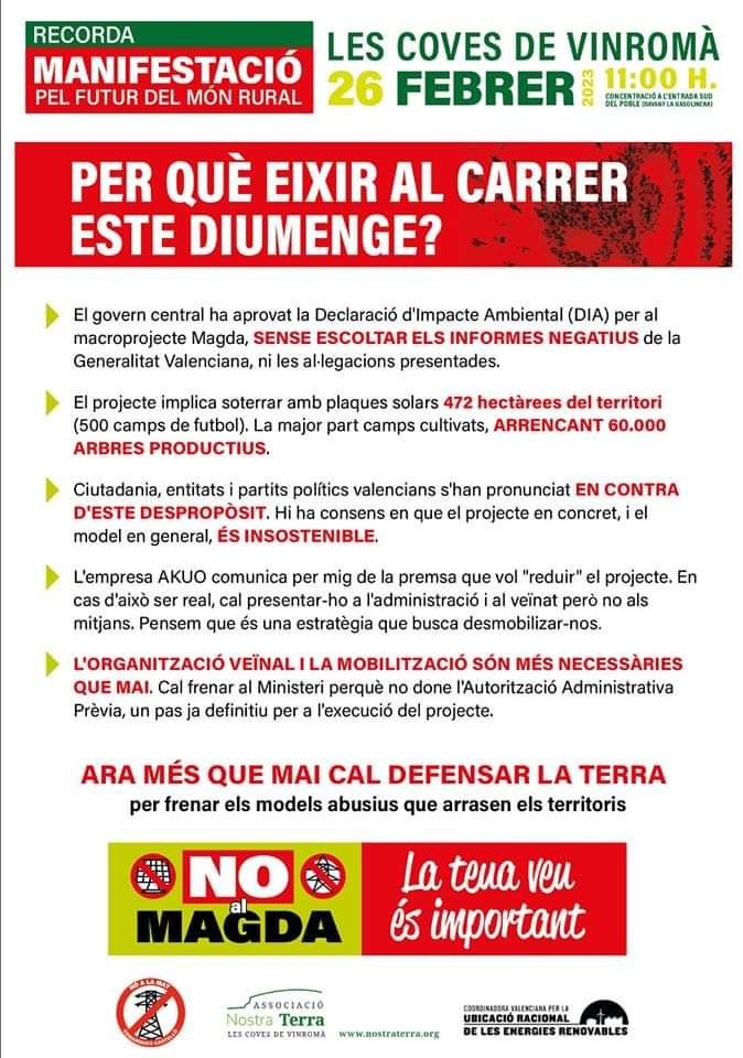 ⁉️Per què ens manifestem este diumenge a les Coves de Vinromà i és important que vingueu totes a la manifestació?

🌱El futur del món rural a les nostres comarques està en joc

❌<a href="/Akuo_Energy/">Akuo</a> NO sou benvinguts. El vostre negoci privat és la nostra misèria