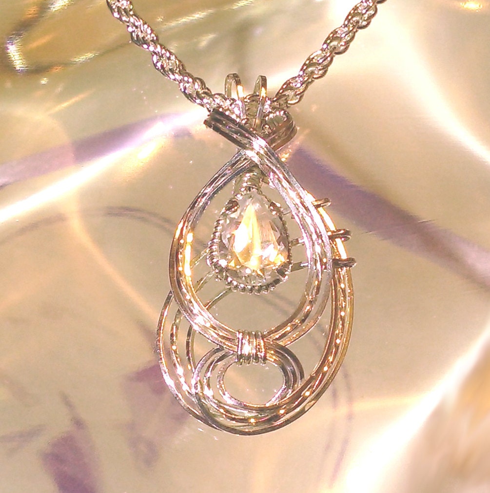 White Pear Teardrop Sapphire Womens Pendant Wire Wrapped Jewelry Handmade in Silver FREE SHIPPING tuppu.net/9f01ea52 #handmade #Etsy #jewelry #EarthArtsNW #giftsforher #TeardropPendant