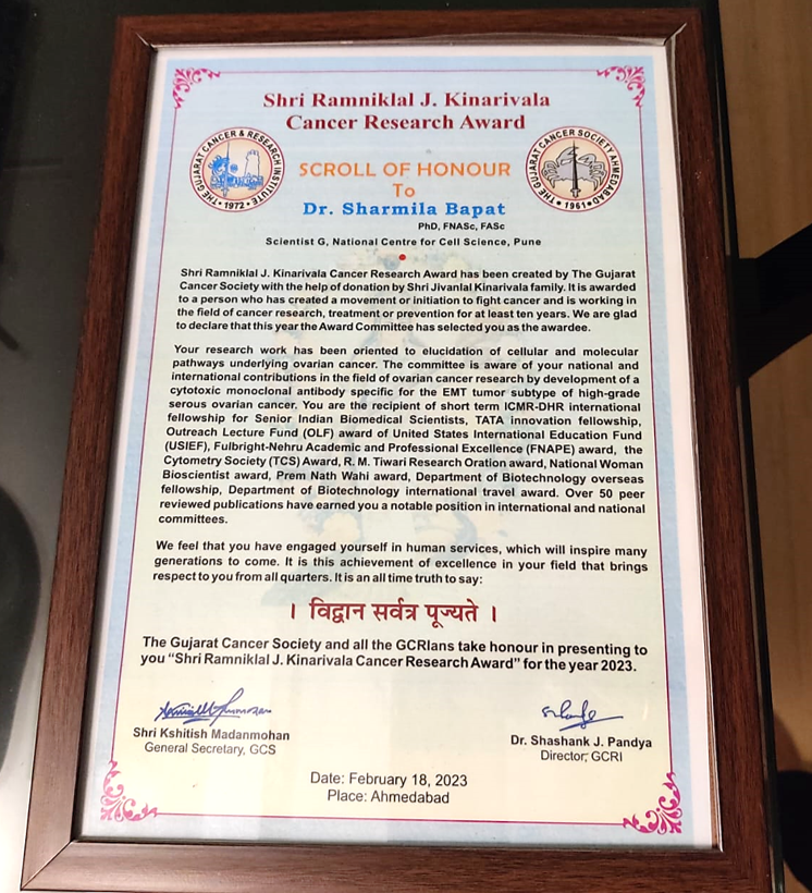 #Congratulations to Dr. @SharmilaBapat on receiving the Shri Ramniklal J. Kinarivala Cancer Research Award! #Cancer #research #AWARD #CancerBiology #ResearchExcellence  #cellbiology  #biotechnology @DBTIndia
