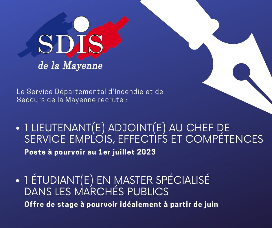 sdis53's tweet photo. [#recrutement 🔎]
Le SDIS 53 recrute :
➡️ 1 Lieutenant(e) adjoint(e) au chef de SEEC (candidature à envoyer avant le 17 mars 2023)
➡️ 1 Étudiant(e) en master spécialisé dans les marchés publics

En savoir plus : https://t.co/kx9KJztrbu

À VOS CV ! 📝 https://t.co/6SwKCO9CXi