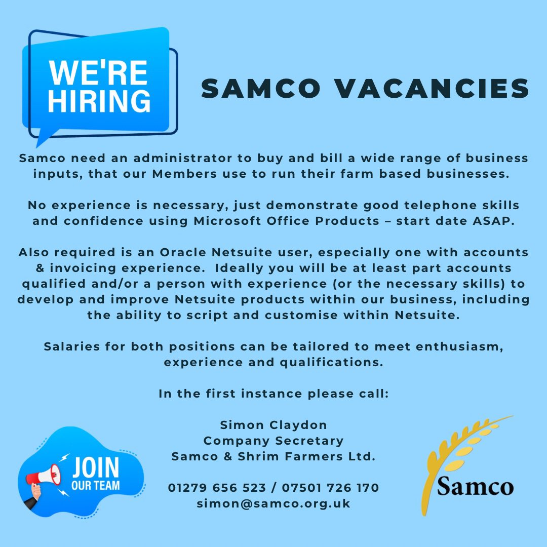 📌 Samco have TWO VACANCIES within our office - please feel free to share.

#jobsbishopsstortford #jobopportunity #bishopstortford #buyinggroup #farmlife