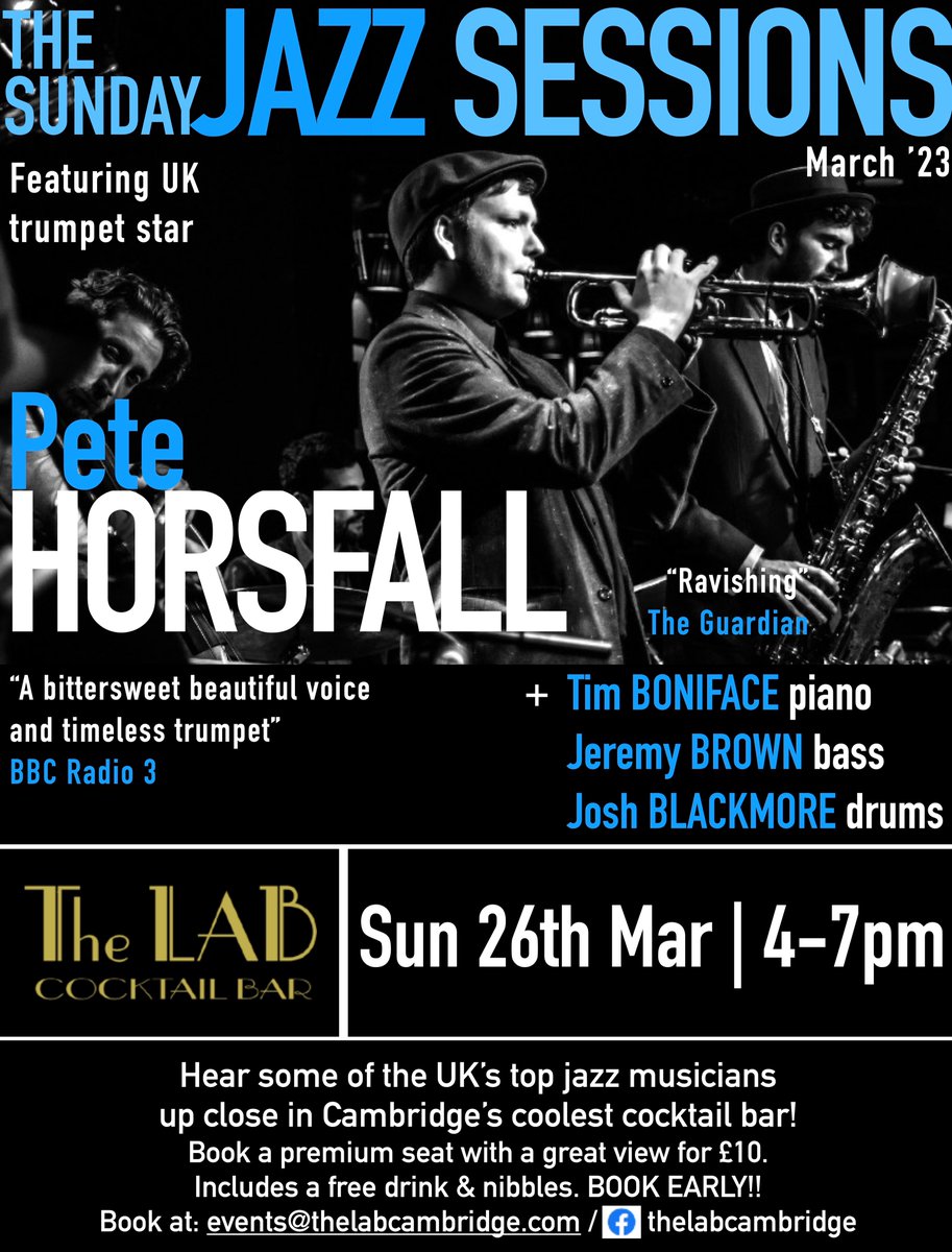Tim Boniface (@timbonifacejazz) on Twitter photo More great jazz <a href="/TheLabCambridge/">The LAB Cocktail Bar & Kitchen</a> on March 26. Critically acclaimed trumpeter @pete_horsfall ("Ravishing" <a href="/guardian/">The Guardian</a> "timeless trumpet" <a href="/BBCRadio3/">BBC Radio 3</a>) joined by bass legend Jeremy Brown, drum master Josh Blackmore + me on piano. AND amazing cocktails! Book now! <a href="/CamJazzFest/">Cambridge Jazz Fest</a> <a href="/camjazz/">Jazzy Camilo</a> More great jazz <a href="/TheLabCambridge/">The LAB Cocktail Bar & Kitchen</a> on March 26. Critically acclaimed trumpeter @pete_horsfall ("Ravishing" <a href="/guardian/">The Guardian</a> "timeless trumpet" <a href="/BBCRadio3/">BBC Radio 3</a>) joined by bass legend Jeremy Brown, drum master Josh Blackmore + me on piano. AND amazing cocktails! Book now! <a href="/CamJazzFest/">Cambridge Jazz Fest</a> <a href="/camjazz/">Jazzy Camilo</a>
