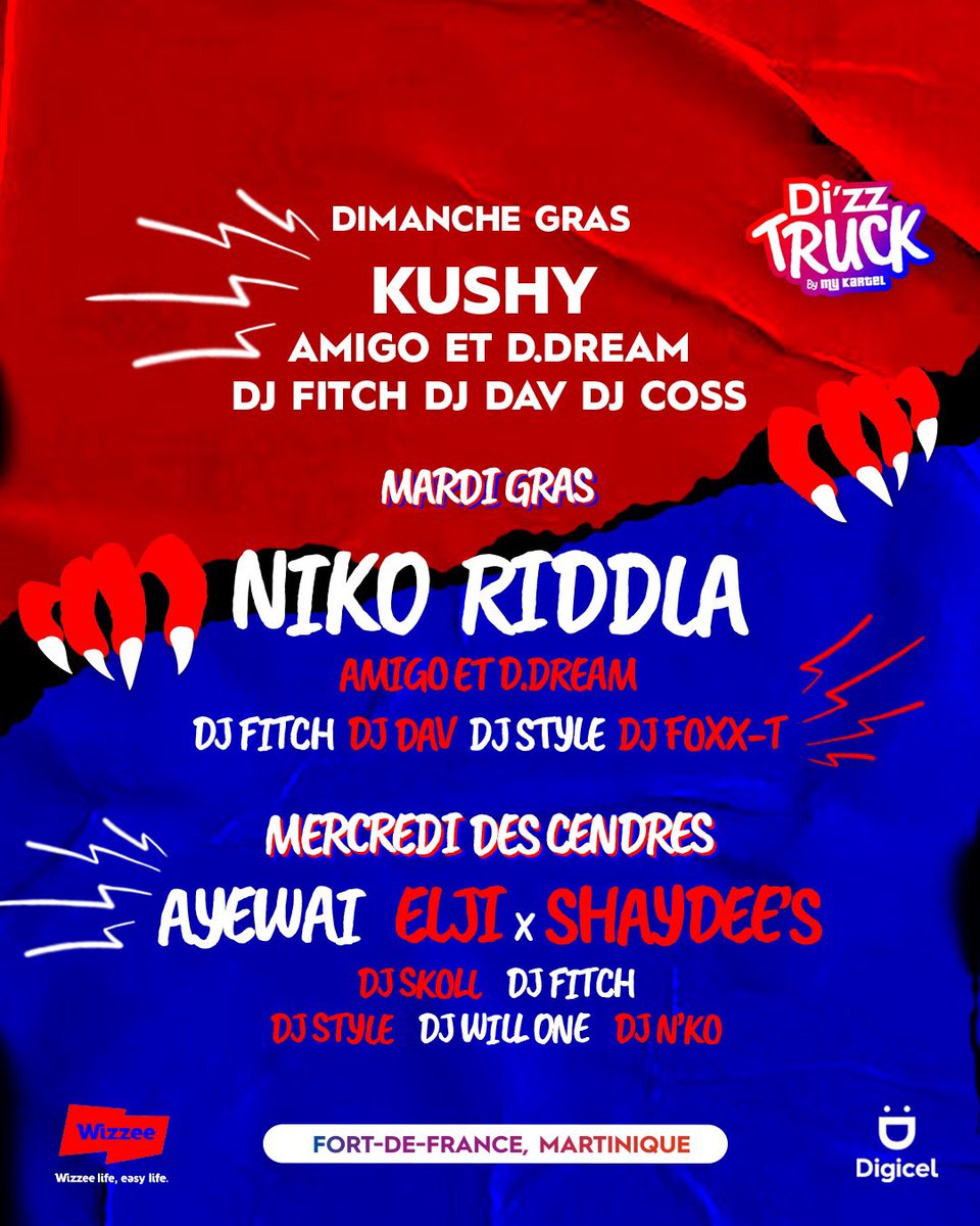 wizzee_fwi's tweet photo. Avec le DizZ’TRUCK, il y en a toujours plus ! 🫣
Voici un p’tit avant-goût de ce qui t’attend sur le Char Wizzee & Digicel à Fort-de-France 🤝🏾
Et ce n’est pas fini … 🤭
Reste à l’affût 🤫
#DIZZTRUCK #Carnaval2023 #Wizzee #Digicel #MyKartel 🔵🔴 https://t.co/iD8ejvYDR2
