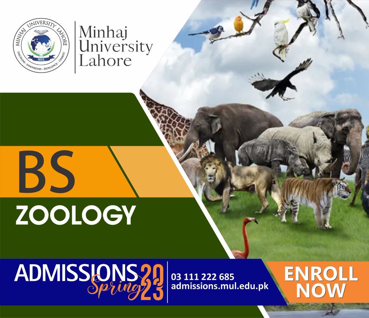 ADMISSIONS OPEN SPRING 2023
BS Zoology
School of Zoology
For more details: 
mul.edu.pk/admissions-ope…
Apply Online:
admission.mul.edu.pk
#AdmissionsOpenSpring2023
#AdmissionsSpring2023
#AdmissionsOpen2023
#Admissions2023
#2023Admissions 
#AdmissionsOpen
#UniversityAdmissions