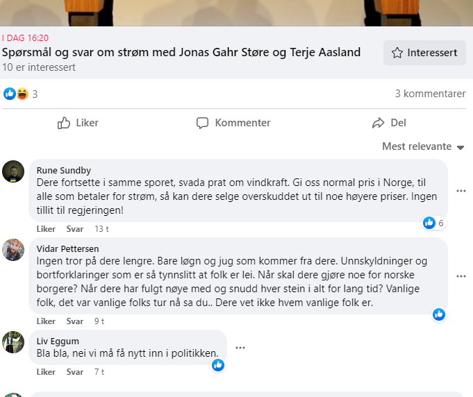 For så vidt prisverdig av regjeringa å invitere til spørsmål og svar om strøm med Støre og  Aasland. Foreløpig ser det likevel ut som at folk har meir lyst å svare enn å stille spørsmål. facebook.com/statsministere…