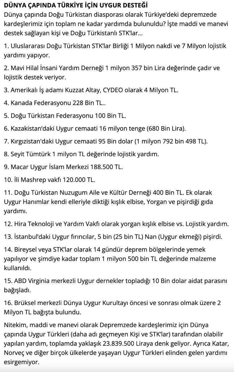 Dünyanın dört bir tarafında yaşayan Doğu Türkistan diasporası Türkiye’deki deprem felaketinden etkilenen kardeşleri için toplamda 25.839.500 Liraya destek sağladı.
turkistanpress.com/page/turkiye-y…
#gecmisolsuntuerkiye 
#seninleyizTürkiye
#DoğuTürkistan 
#uygur
