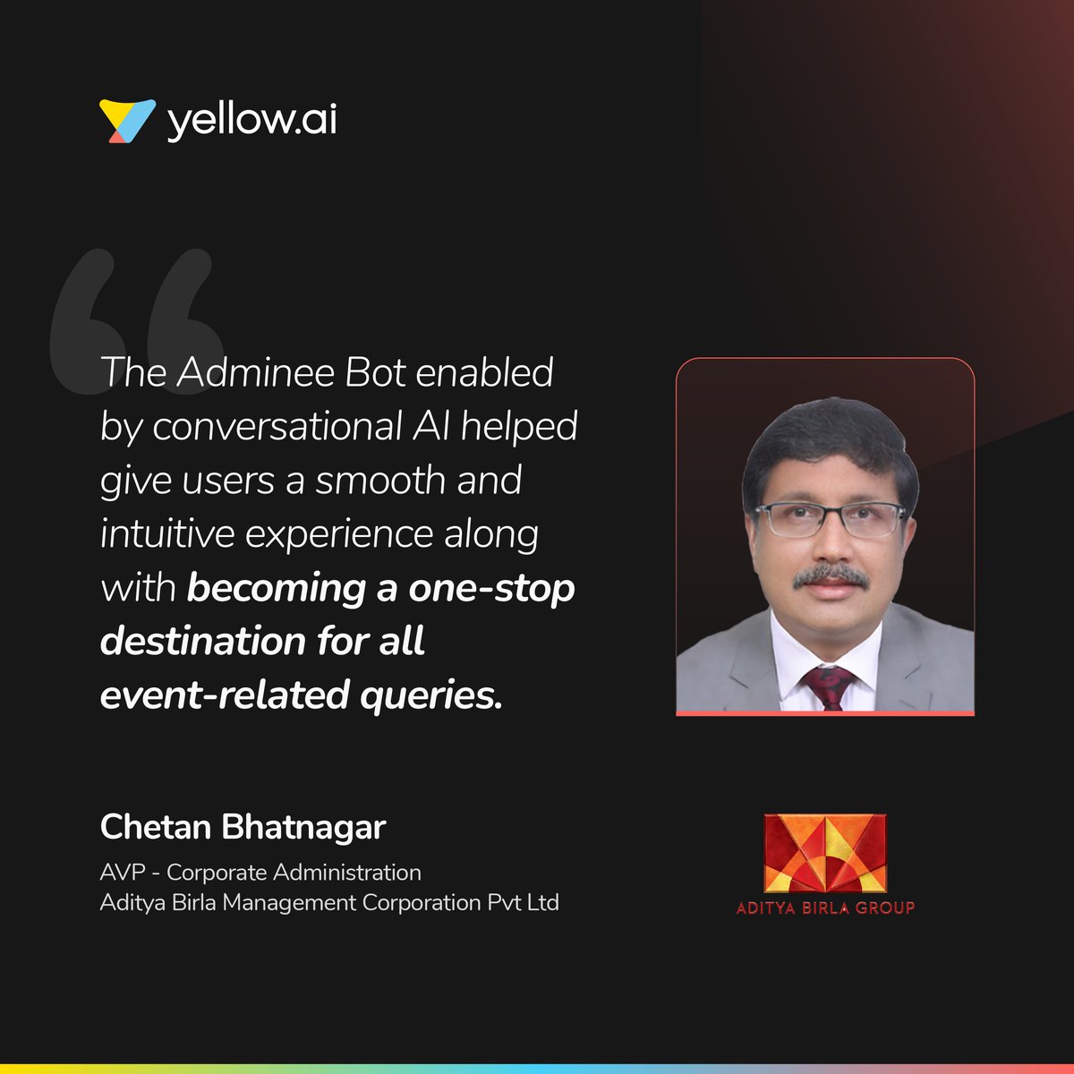 yellowdotai's tweet photo. 📢600 attendees. 3 whole days. 1 mega-event. Chetan Bhatnagar, AVP - Corporate Administration, shares how our #conversationalAI solution contributed towards making the Aditya Birla Awards December 2022, a phenomenal success.
@AdityaBirlaGrp
#SuccessWithYellow #EX https://t.co/aJ8dxewIPI