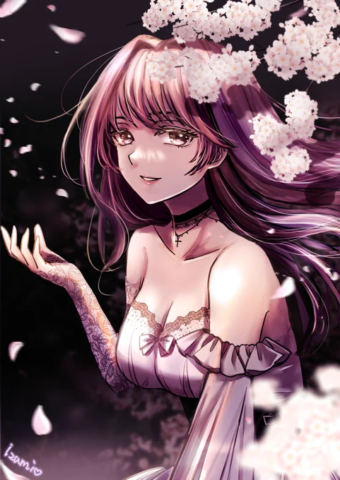 夜桜  春が待ち遠しいですね #illustration #イラスト #桜