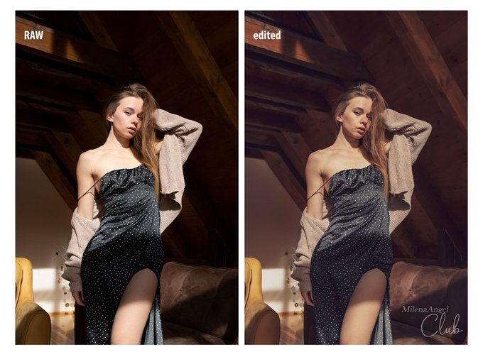 my self-portrait from latest shoot in camera raw vs edited. I bring them depth and softeners, textures