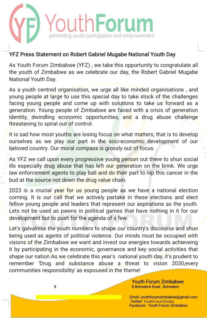 Drug and substance abuse a threat to vision 2030,every communities responsibility, #NationalYouthDay
<a href="/yalirlc_zim/">YALI RLC SA-Zimbabwe Alumni Chapter</a> <a href="/youth_rural/">RuralYouthInitiative</a> <a href="/USEmbZim/">U.S. Embassy Zimbabwe</a> @masirahaa <a href="/bumhiraashton/">Duke of Bocha 🦅</a> <a href="/tsunga_arnold/">ARNOLD TSUNGA</a> <a href="/AllYouthNetwork/">SADC Youth Solidarity Network</a> <a href="/simbaichivasa/">Simbai Chivasa</a> <a href="/NEDemocracy/">NEDemocracy</a>