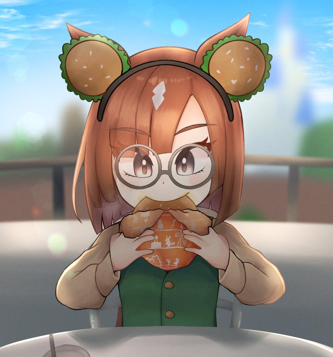 1girl animal ears food solo glasses eating horse ears  illustration images