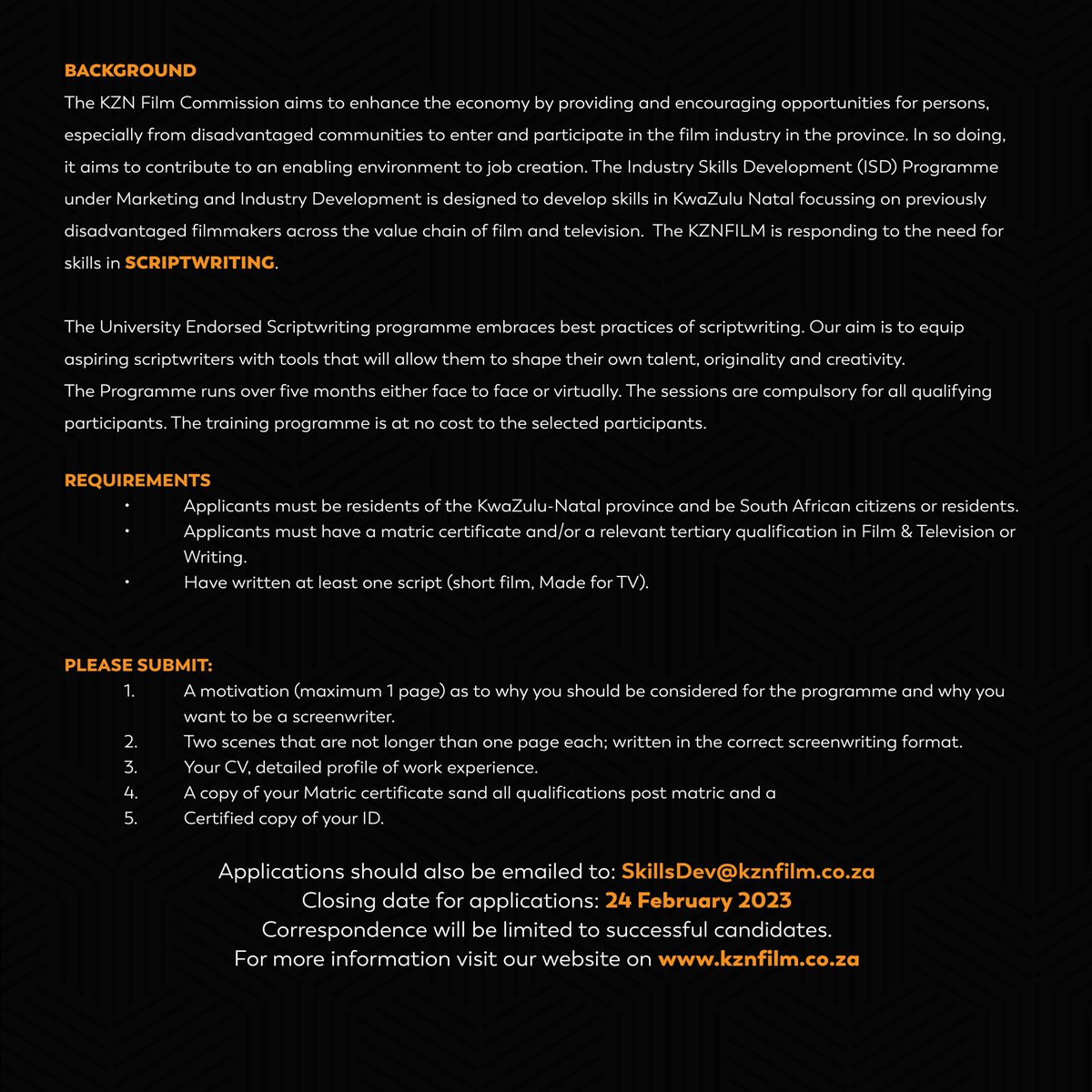 FilmInKZN's tweet image. Please be reminded to Apply for Scriptwriting Training Programme before the closing date: 24 February 2023.
#KZNFilm
#Scriptwriting
#TrainingProgramme