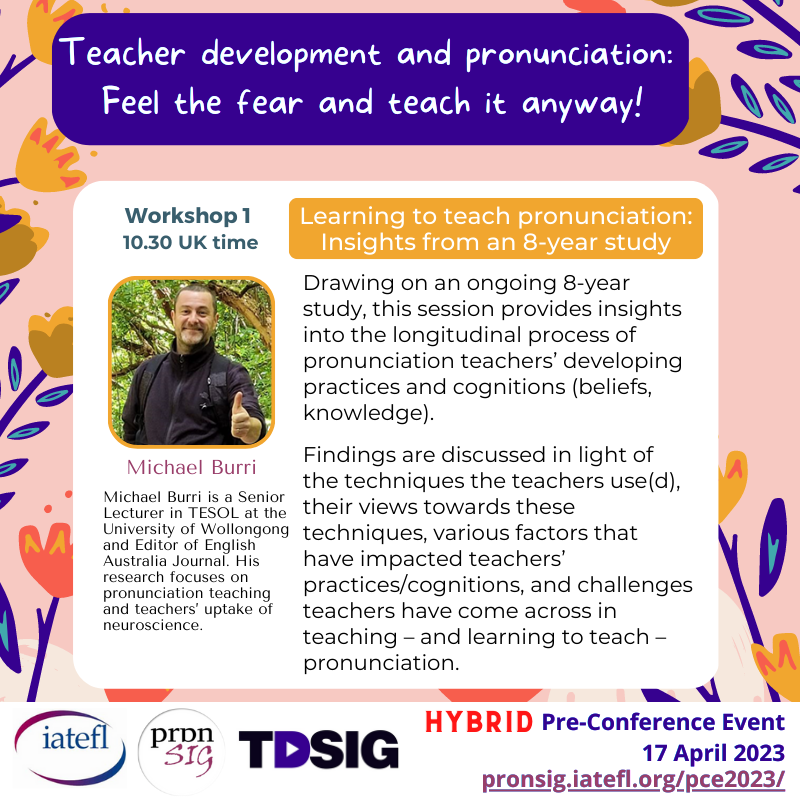 PronSIG's tweet photo. Meet our #PCE2023 speakers!🌟
Michael Burri is a Senior #Lecturer in #TESOL ✅and Editor of #English Australia Journal ✅
He'll share insights📊about #pronunciation #teachers' practices, beliefs and knowledge!
Register now ➡️https://t.co/DUXShGtrPq
#IATEFL #PronSIG #TDSIG https://t.co/iF0yoci8qf