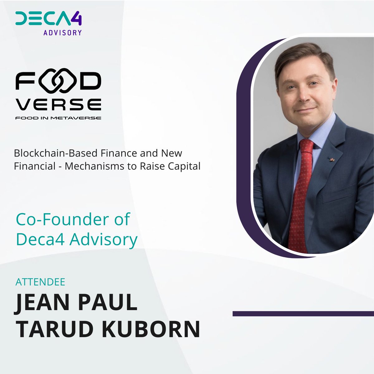 Meet our speaker : Jean-Paul Tarud-Kuborn , Partner &amp; CCO 
<a href="/advisory_deca4/">Deca4 Advisory</a> 
Join us to learn about new financial mechanisms, tokenization, and fractional ownership's impact on the hospitality industry. Don't miss out on this valuable new perspective! 

#blockchain #Foodverse