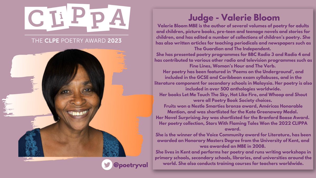 We are delighted that poet @PoetryVal MBE and CLiPPA 2022 winner for Stars with Flaming Tails, is one of our esteemed judges for #CLiPPA23 Find out more: ow.ly/17A150MWT2Z Register your interest for our school shadowing: ow.ly/5WSf50MWT33