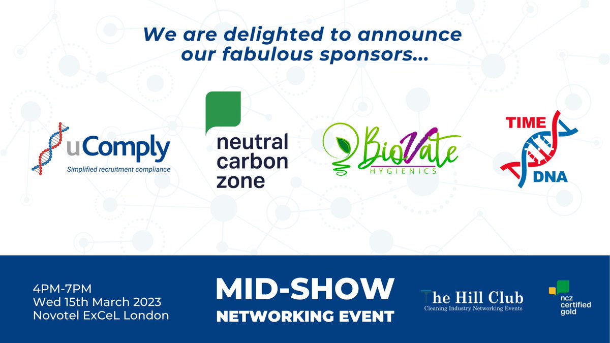 TheHillClub's tweet photo. It is official! We are delighted to announce our four fabulous sponsors for the forthcoming Mid-show Networking Event. 
They include uComply, NeutralCarbonZone, BioVate Hygienics &amp; Time DNA. 

#TheHillClub #CarbonNeutralNetworking https://t.co/mOem8i52K2