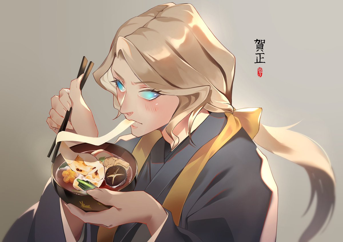 food chopsticks long hair blue eyes solo japanese clothes holding  illustration images